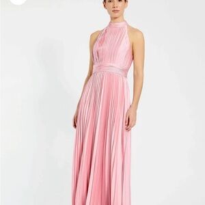 Mac Duggal Blush Pink Halter Satin Pleated Maxi Dress Gown